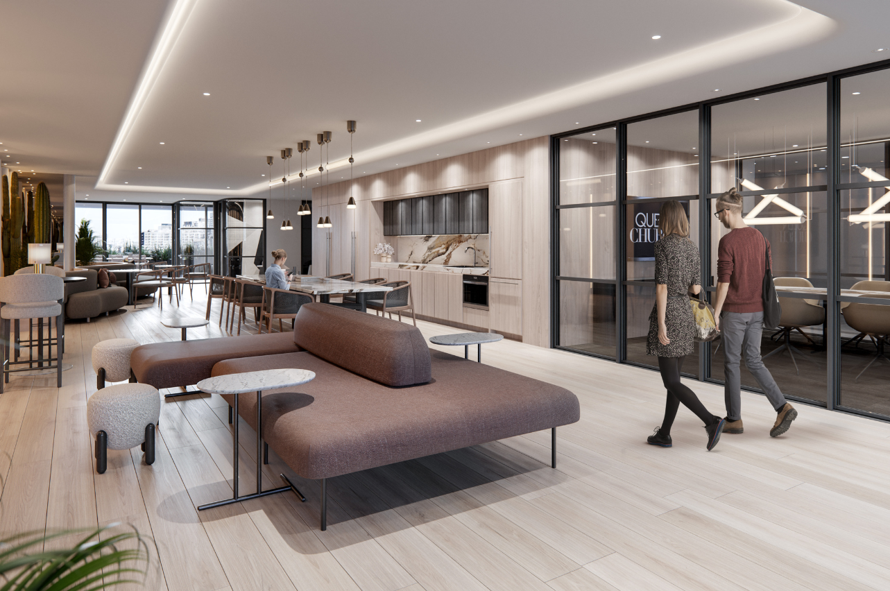 Co-working Lounge at Queen Church. Rendering by Pureblink.